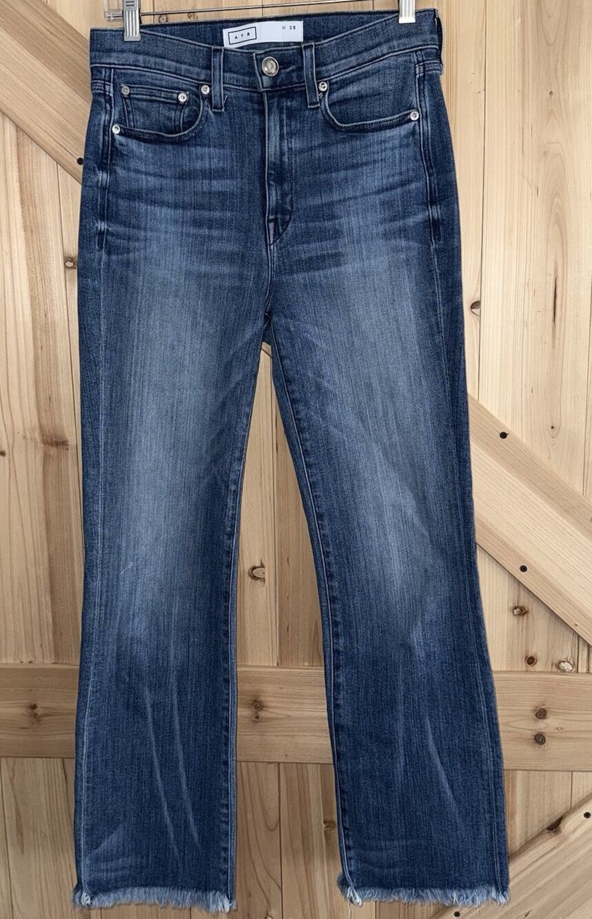 AYR The Bomb Pop High Rise Raw Hem Straight Leg Crop Denim Blue Jeans Sz 28